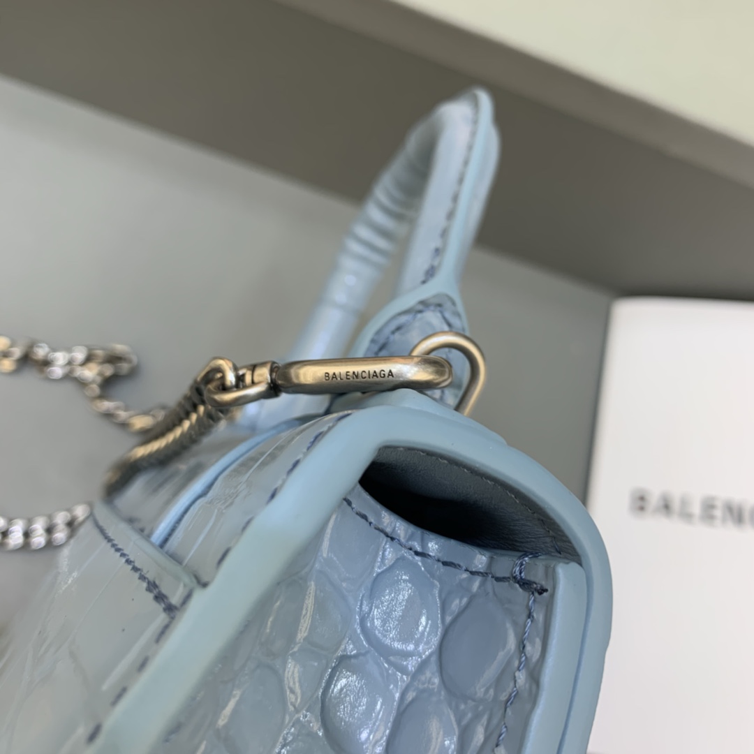 Balenciaga Hourglass Mini Handbag With Chain Crocodile Embossed Shoulder Bag Light blue